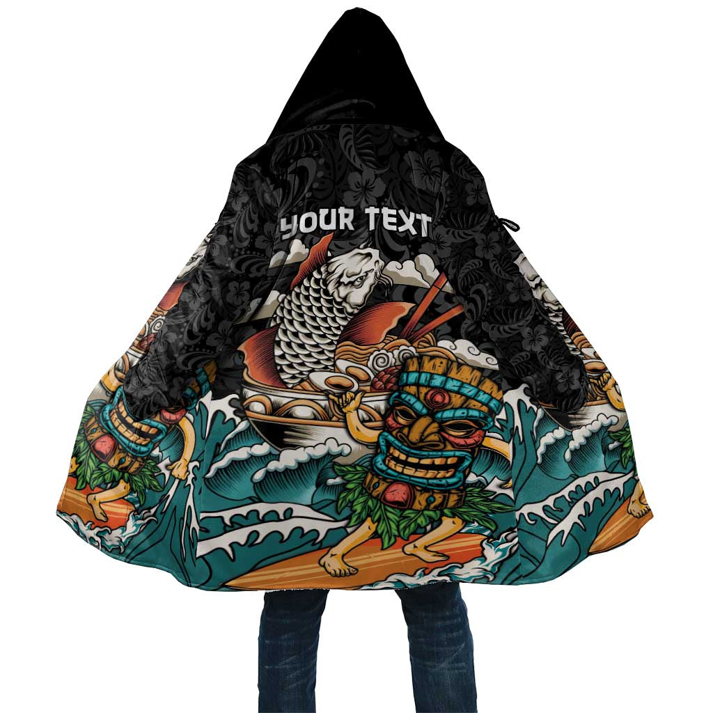 Personalized Japanese Koi Fish Ramen Cloak Tiki Surfing Wagara Hibiscus Pattern LT9 Unisex Black - Polynesian Pride