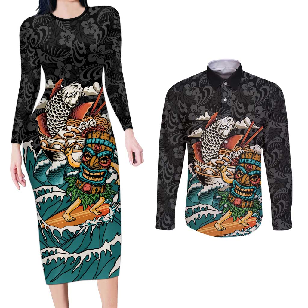 Personalized Japanese Koi Fish Ramen Couples Matching Long Sleeve Bodycon Dress and Long Sleeve Button Shirt Tiki Surfing Wagara Hibiscus Pattern
