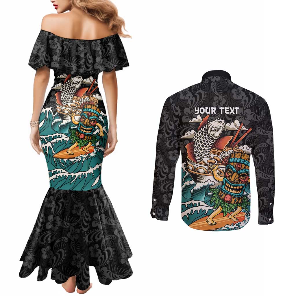 Personalized Japanese Koi Fish Ramen Couples Matching Mermaid Dress and Long Sleeve Button Shirt Tiki Surfing Wagara Hibiscus Pattern LT9 - Polynesian Pride