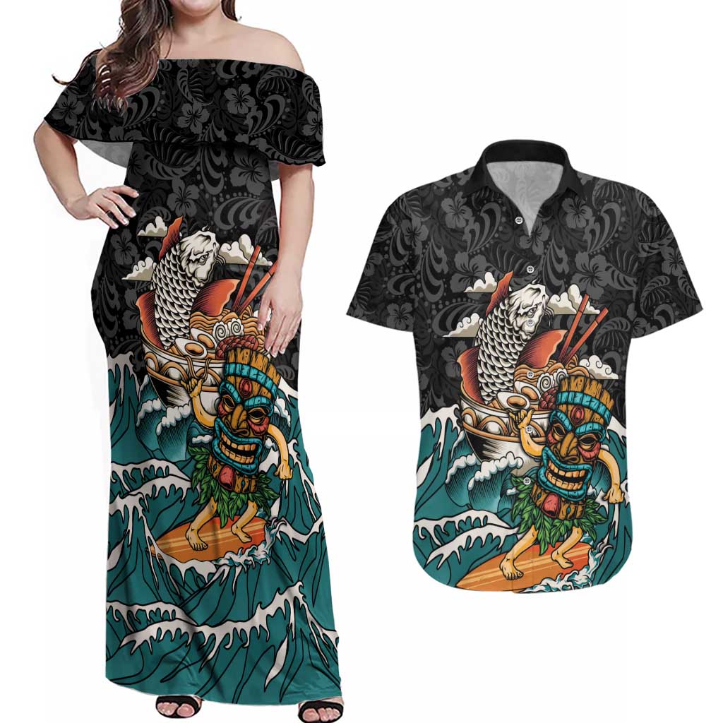 Personalized Japanese Koi Fish Ramen Couples Matching Off Shoulder Maxi Dress and Hawaiian Shirt Tiki Surfing Wagara Hibiscus Pattern LT9 Black - Polynesian Pride