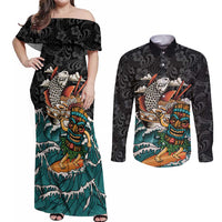 Personalized Japanese Koi Fish Ramen Couples Matching Off Shoulder Maxi Dress and Long Sleeve Button Shirt Tiki Surfing Wagara Hibiscus Pattern LT9 Black - Polynesian Pride