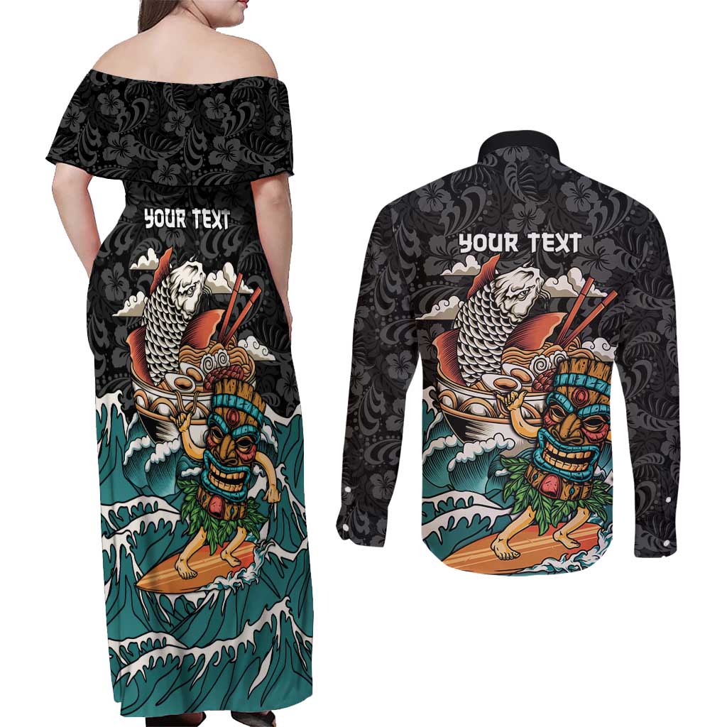 Personalized Japanese Koi Fish Ramen Couples Matching Off Shoulder Maxi Dress and Long Sleeve Button Shirt Tiki Surfing Wagara Hibiscus Pattern LT9 - Polynesian Pride