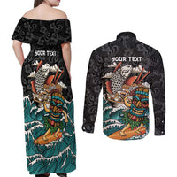 Personalized Japanese Koi Fish Ramen Couples Matching Off Shoulder Maxi Dress and Long Sleeve Button Shirt Tiki Surfing Wagara Hibiscus Pattern LT9 - Polynesian Pride