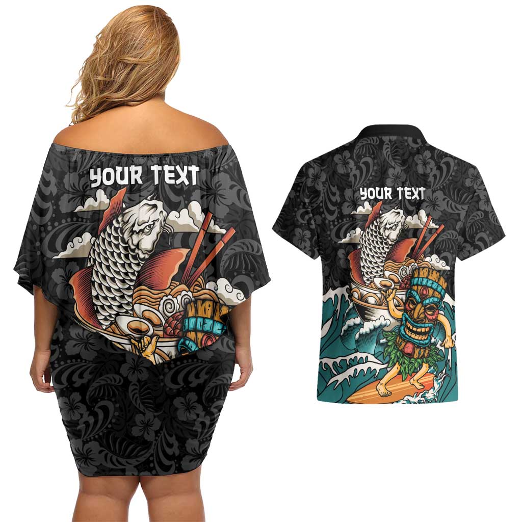Personalized Japanese Koi Fish Ramen Couples Matching Off Shoulder Short Dress and Hawaiian Shirt Tiki Surfing Wagara Hibiscus Pattern LT9 - Polynesian Pride