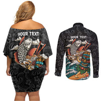 Personalized Japanese Koi Fish Ramen Couples Matching Off Shoulder Short Dress and Long Sleeve Button Shirt Tiki Surfing Wagara Hibiscus Pattern