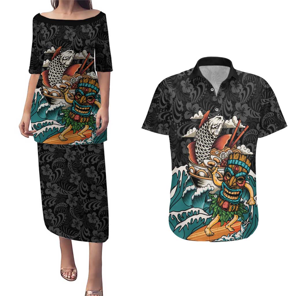 Personalized Japanese Koi Fish Ramen Couples Matching Puletasi and Hawaiian Shirt Tiki Surfing Wagara Hibiscus Pattern LT9 Black - Polynesian Pride