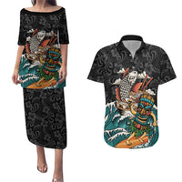Personalized Japanese Koi Fish Ramen Couples Matching Puletasi and Hawaiian Shirt Tiki Surfing Wagara Hibiscus Pattern LT9 Black - Polynesian Pride