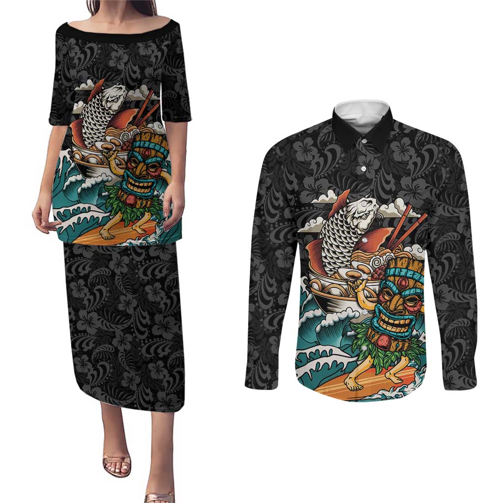 Personalized Japanese Koi Fish Ramen Couples Matching Puletasi and Long Sleeve Button Shirt Tiki Surfing Wagara Hibiscus Pattern LT9 Black - Polynesian Pride