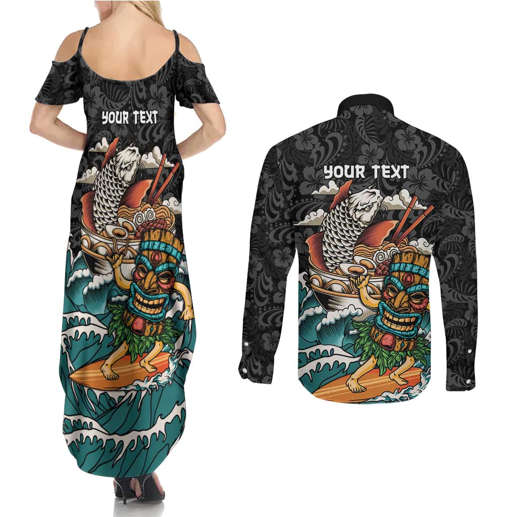 Personalized Japanese Koi Fish Ramen Couples Matching Summer Maxi Dress and Long Sleeve Button Shirt Tiki Surfing Wagara Hibiscus Pattern LT9 - Polynesian Pride