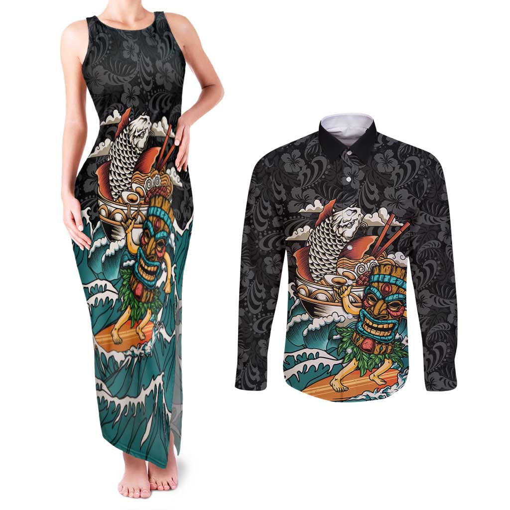 Personalized Japanese Koi Fish Ramen Couples Matching Tank Maxi Dress and Long Sleeve Button Shirt Tiki Surfing Wagara Hibiscus Pattern LT9 Black - Polynesian Pride