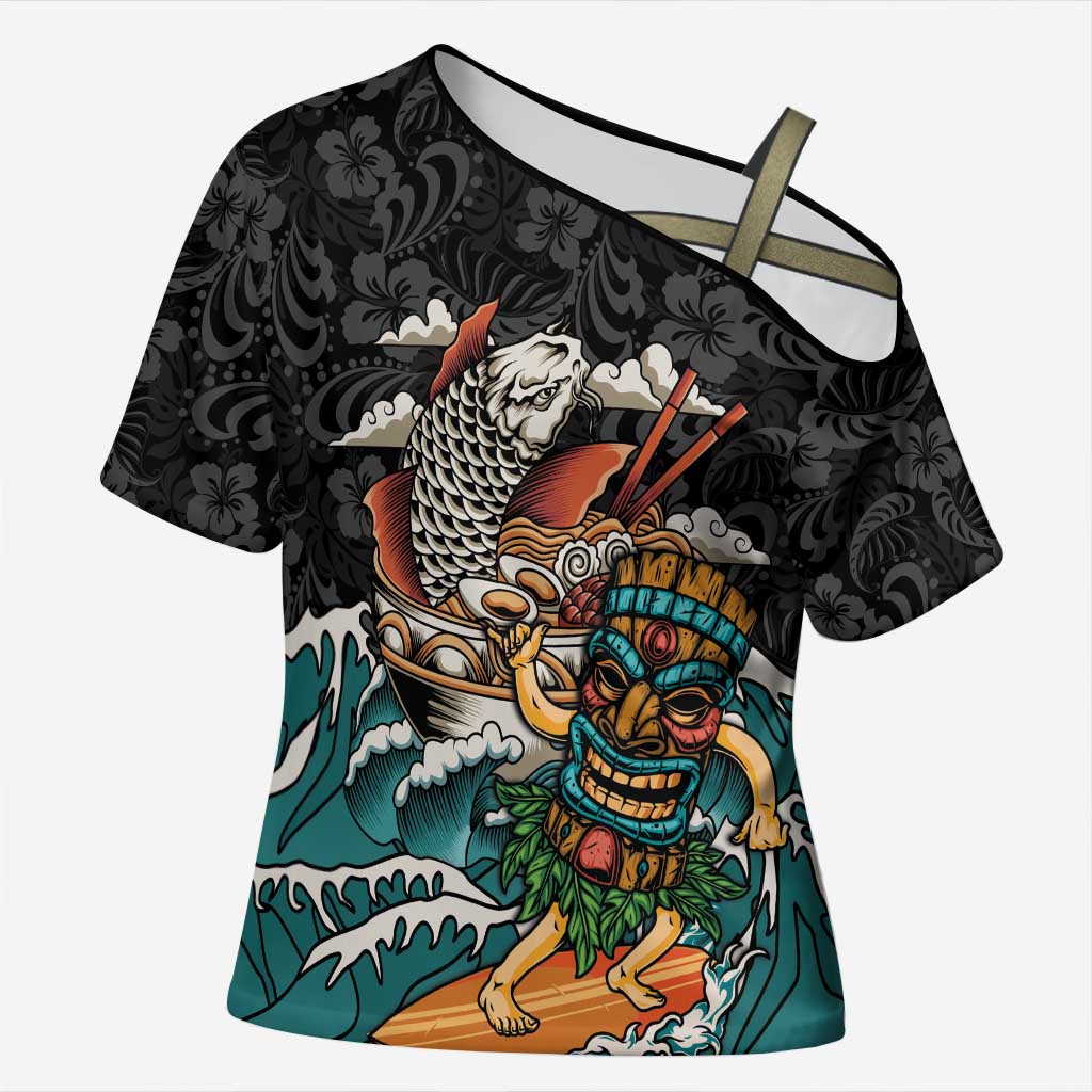 Personalized Japanese Koi Fish Ramen Cross Shoulder Shirt Tiki Surfing Wagara Hibiscus Pattern LT9 Female Black - Polynesian Pride
