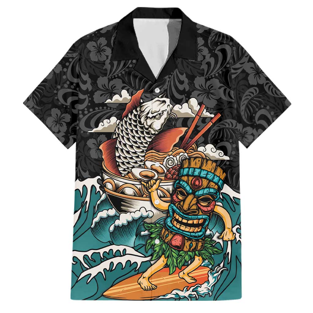 Personalized Japanese Koi Fish Ramen Family Matching Puletasi and Hawaiian Shirt Tiki Surfing Wagara Hibiscus Pattern LT9 Dad's Shirt - Short Sleeve Black - Polynesian Pride