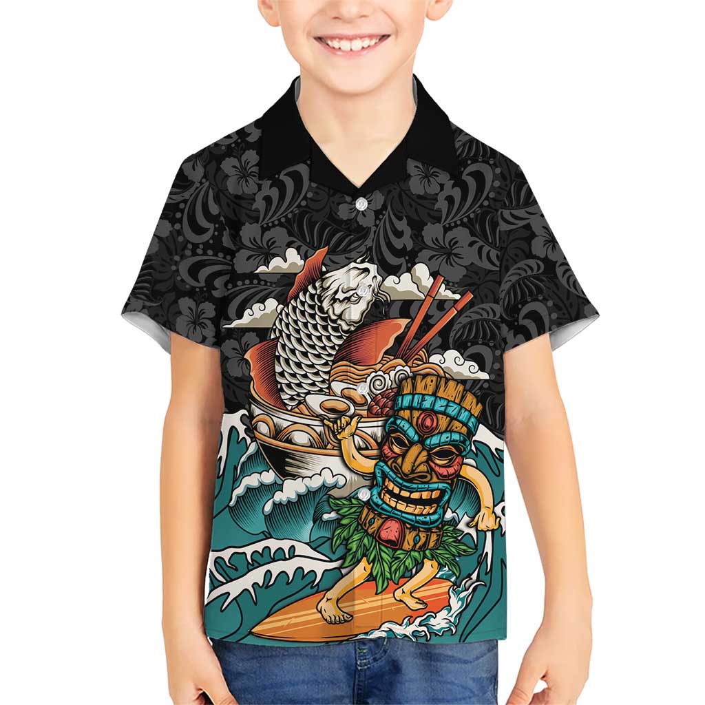 Personalized Japanese Koi Fish Ramen Family Matching Puletasi and Hawaiian Shirt Tiki Surfing Wagara Hibiscus Pattern LT9 Son's Shirt Black - Polynesian Pride