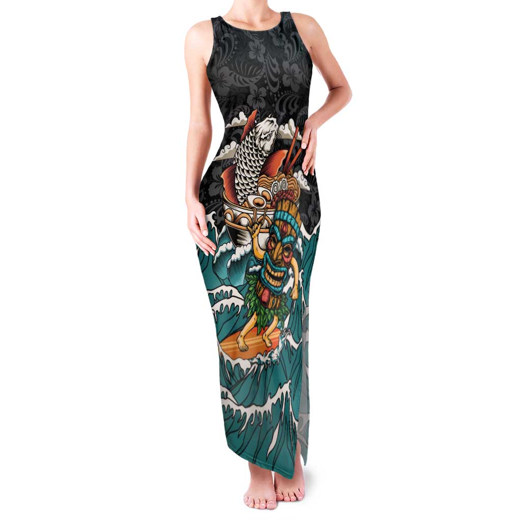 Personalized Japanese Koi Fish Ramen Family Matching Tank Maxi Dress and Hawaiian Shirt Tiki Surfing Wagara Hibiscus Pattern