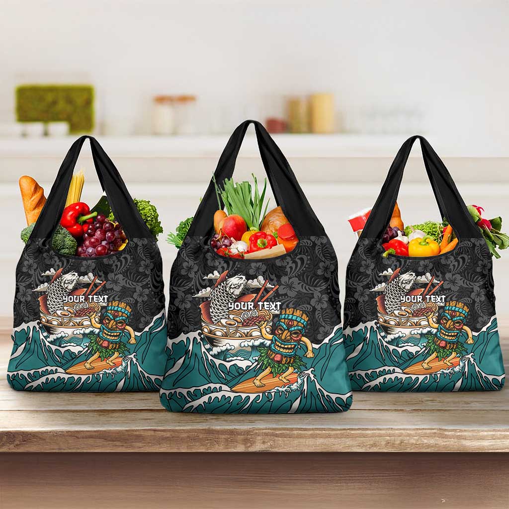Personalized Japanese Koi Fish Ramen Grocery Bag Tiki Surfing Wagara Hibiscus Pattern LT9 3-pack One Size Black - Polynesian Pride