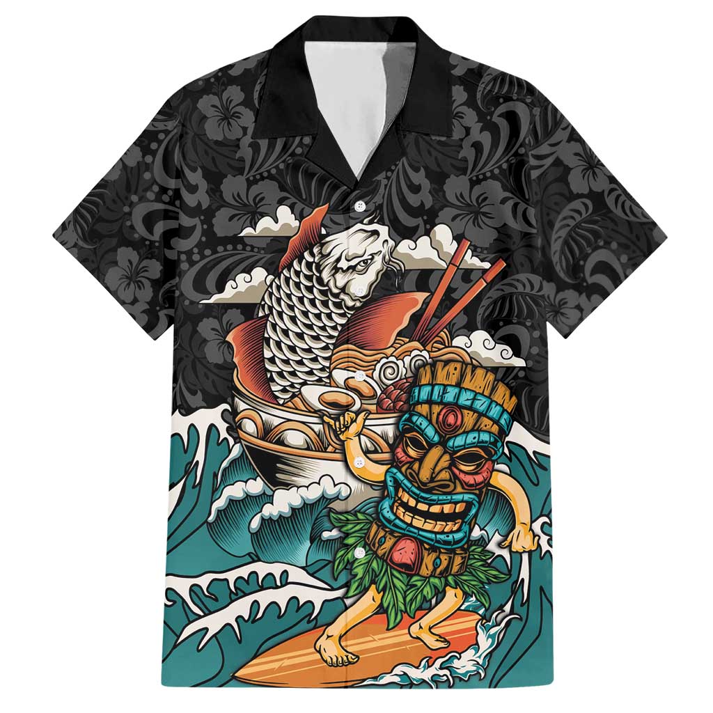 Personalized Japanese Koi Fish Ramen Hawaiian Shirt Tiki Surfing Wagara Hibiscus Pattern LT9 Black - Polynesian Pride