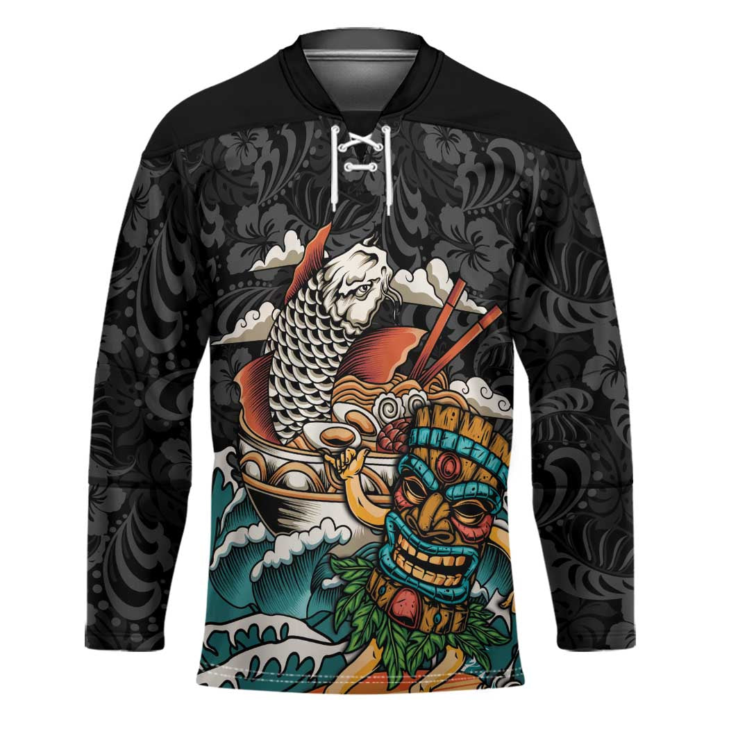Personalized Japanese Koi Fish Ramen Hockey Jersey Tiki Surfing Wagara Hibiscus Pattern LT9 Unisex Black - Polynesian Pride