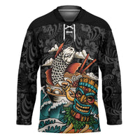 Personalized Japanese Koi Fish Ramen Hockey Jersey Tiki Surfing Wagara Hibiscus Pattern LT9 Unisex Black - Polynesian Pride