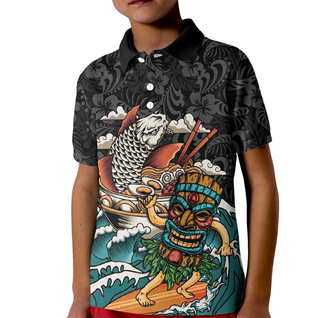 Personalized Japanese Koi Fish Ramen Kid Polo Shirt Tiki Surfing Wagara Hibiscus Pattern