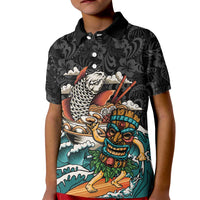 Personalized Japanese Koi Fish Ramen Kid Polo Shirt Tiki Surfing Wagara Hibiscus Pattern