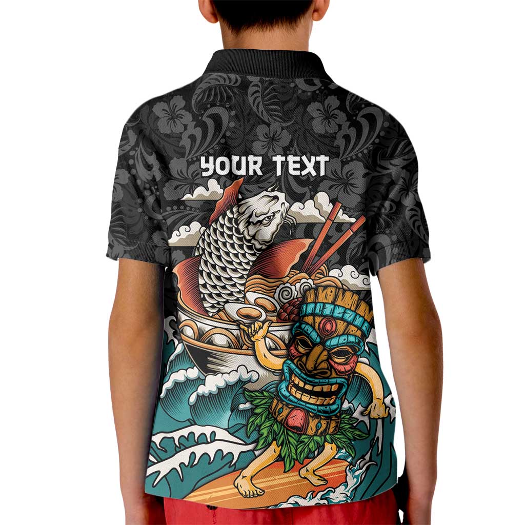 Personalized Japanese Koi Fish Ramen Kid Polo Shirt Tiki Surfing Wagara Hibiscus Pattern