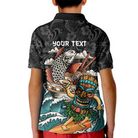 Personalized Japanese Koi Fish Ramen Kid Polo Shirt Tiki Surfing Wagara Hibiscus Pattern