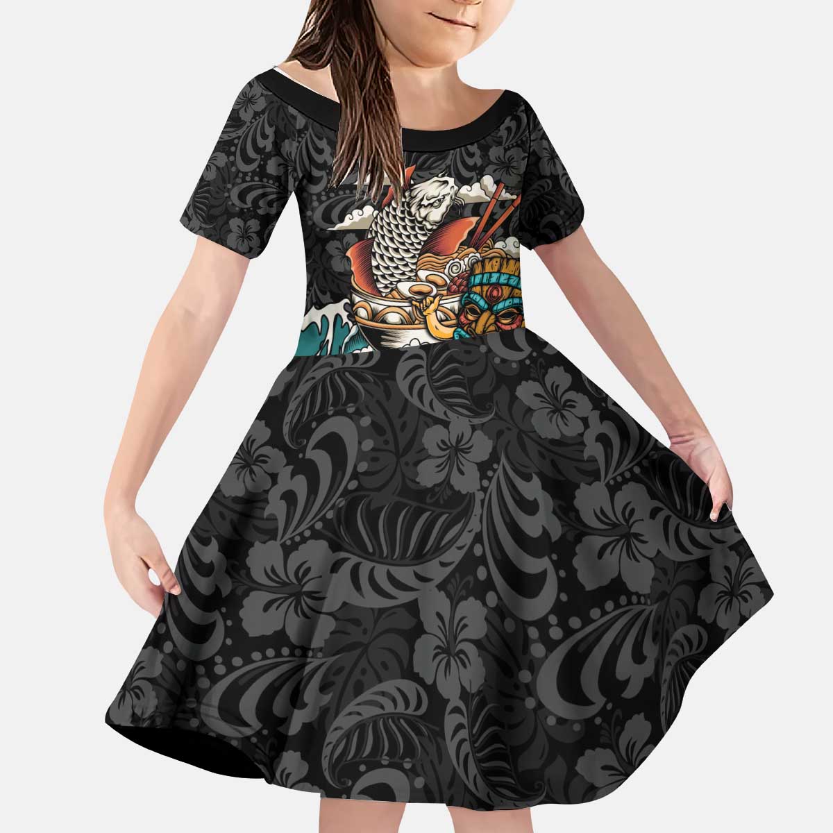 Personalized Japanese Koi Fish Ramen Kid Short Sleeve Dress Tiki Surfing Wagara Hibiscus Pattern LT9 KID Black - Polynesian Pride