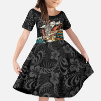 Personalized Japanese Koi Fish Ramen Kid Short Sleeve Dress Tiki Surfing Wagara Hibiscus Pattern LT9 KID Black - Polynesian Pride