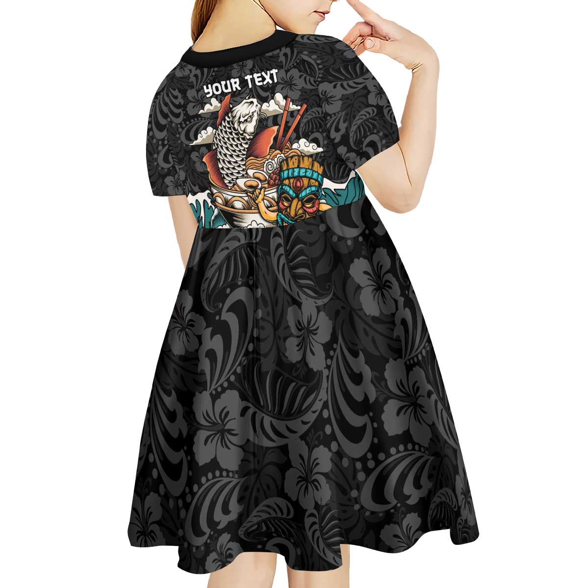 Personalized Japanese Koi Fish Ramen Kid Short Sleeve Dress Tiki Surfing Wagara Hibiscus Pattern LT9 - Polynesian Pride