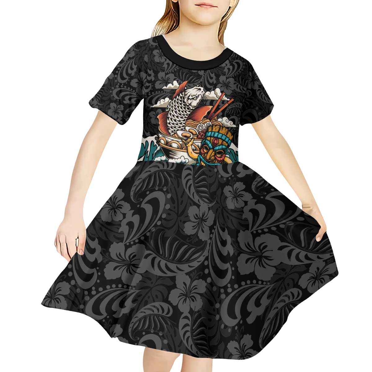 Personalized Japanese Koi Fish Ramen Kid Short Sleeve Dress Tiki Surfing Wagara Hibiscus Pattern LT9 - Polynesian Pride