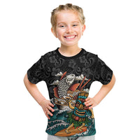 Personalized Japanese Koi Fish Ramen Kid T Shirt Tiki Surfing Wagara Hibiscus Pattern LT9 Black - Polynesian Pride