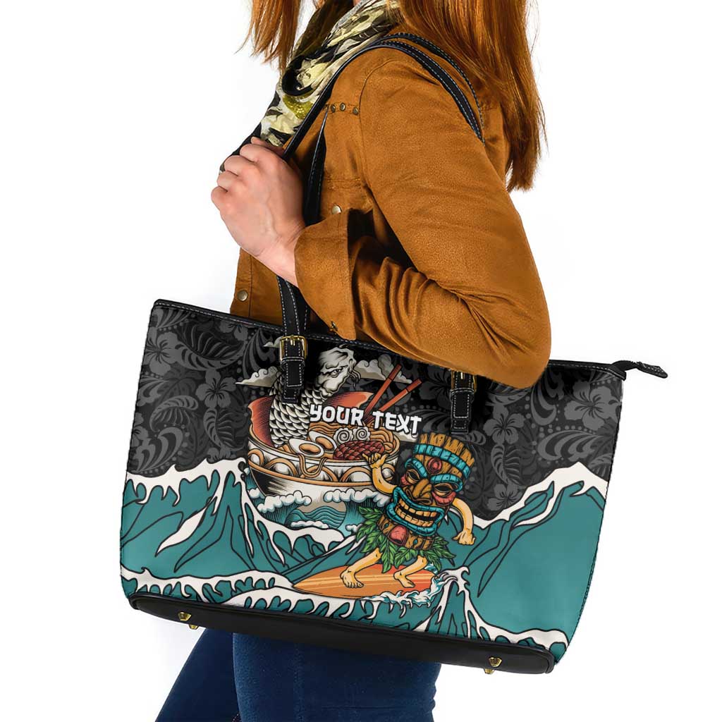 Personalized Japanese Koi Fish Ramen Leather Tote Bag Tiki Surfing Wagara Hibiscus Pattern LT9 Black - Polynesian Pride