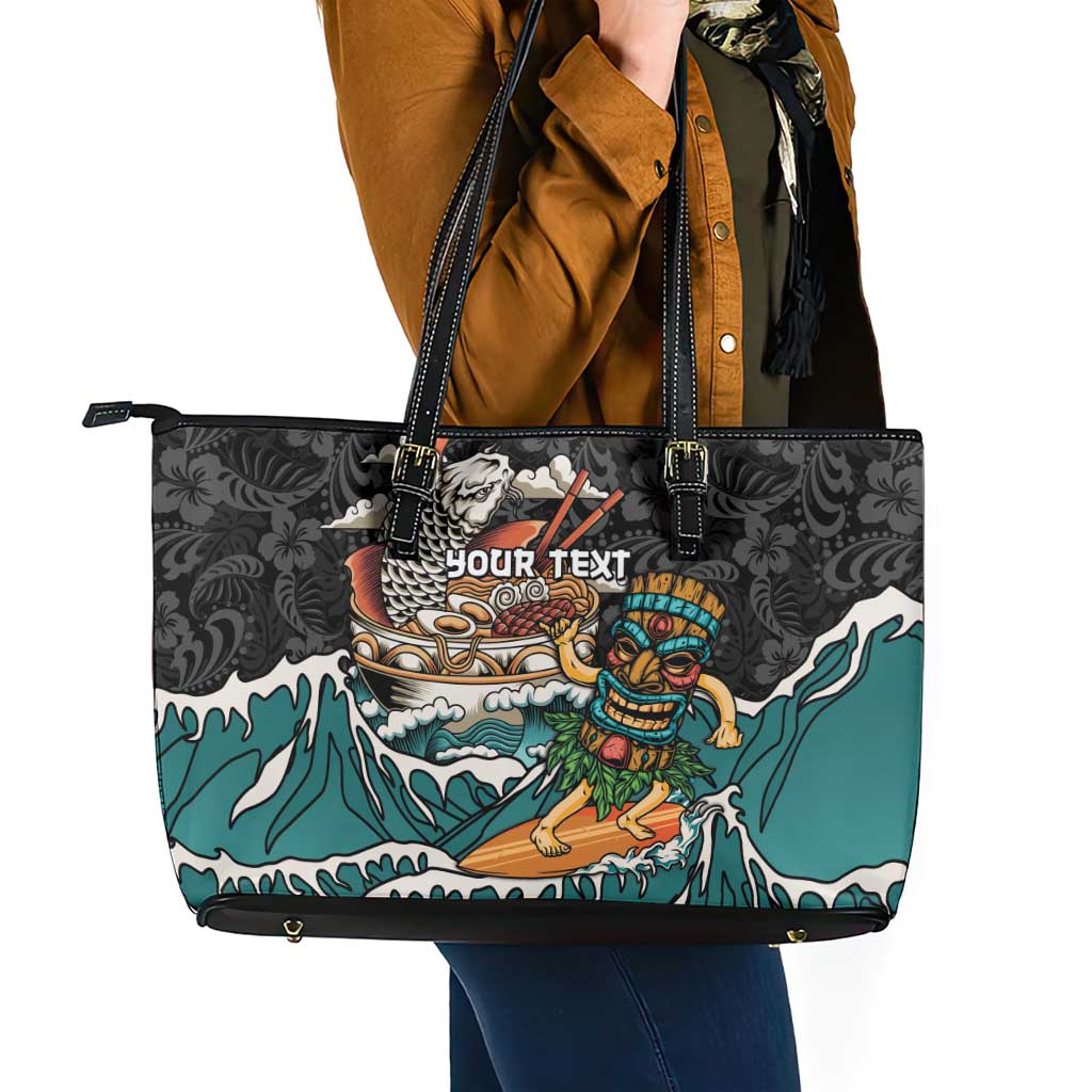 Personalized Japanese Koi Fish Ramen Leather Tote Bag Tiki Surfing Wagara Hibiscus Pattern LT9 - Polynesian Pride