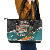 Personalized Japanese Koi Fish Ramen Leather Tote Bag Tiki Surfing Wagara Hibiscus Pattern LT9 - Polynesian Pride