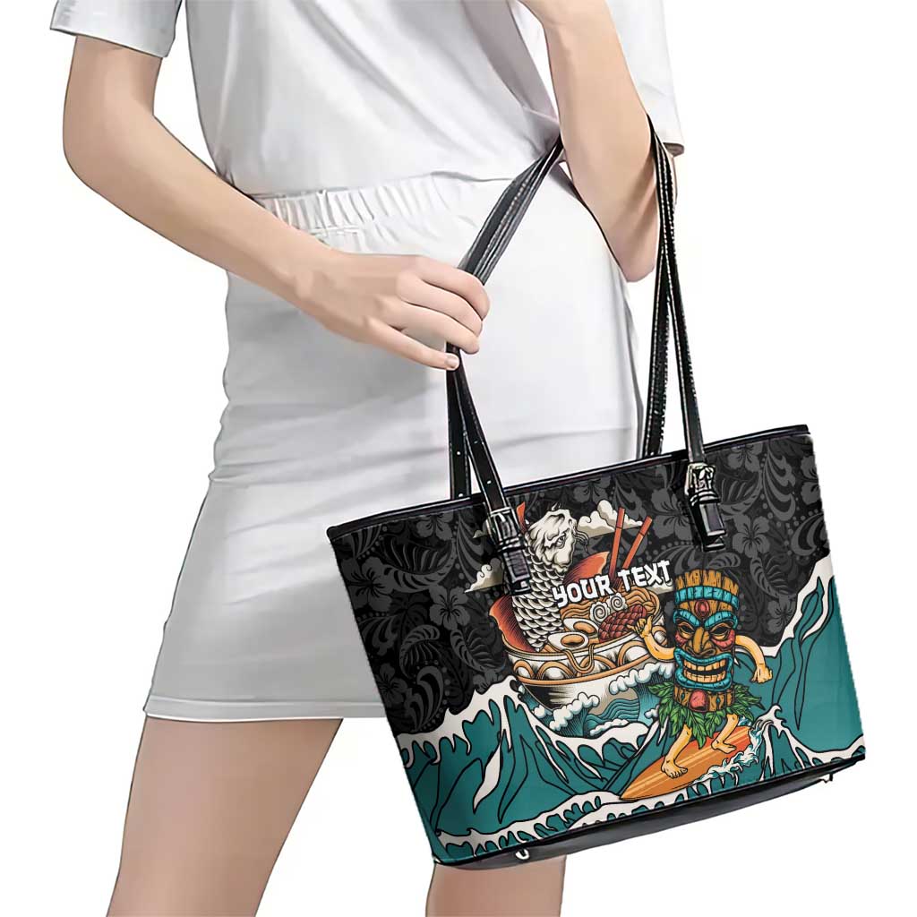 Personalized Japanese Koi Fish Ramen Leather Tote Bag Tiki Surfing Wagara Hibiscus Pattern LT9 - Polynesian Pride