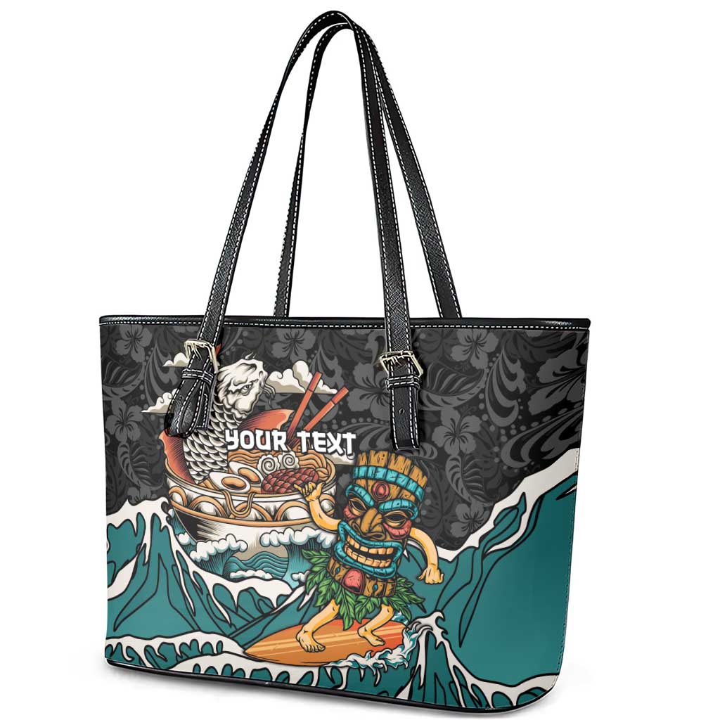 Personalized Japanese Koi Fish Ramen Leather Tote Bag Tiki Surfing Wagara Hibiscus Pattern LT9 - Polynesian Pride