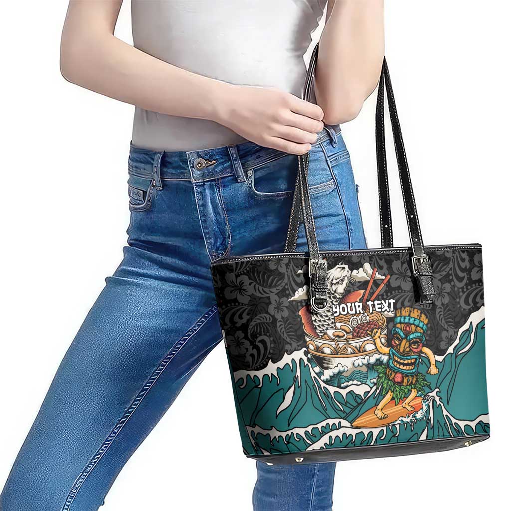 Personalized Japanese Koi Fish Ramen Leather Tote Bag Tiki Surfing Wagara Hibiscus Pattern LT9 - Polynesian Pride