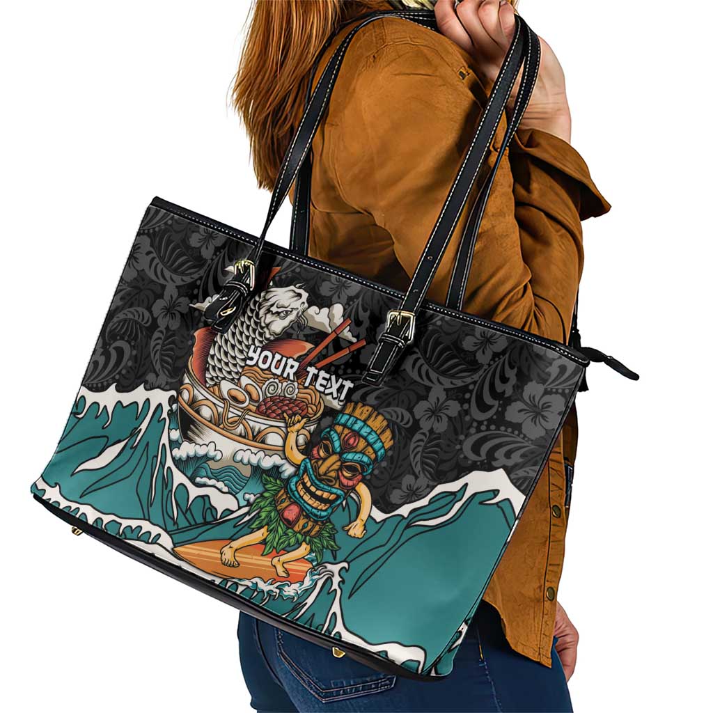 Personalized Japanese Koi Fish Ramen Leather Tote Bag Tiki Surfing Wagara Hibiscus Pattern LT9 - Polynesian Pride