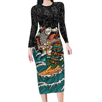 Personalized Japanese Koi Fish Ramen Long Sleeve Bodycon Dress Tiki Surfing Wagara Hibiscus Pattern LT9 Long Dress Black - Polynesian Pride