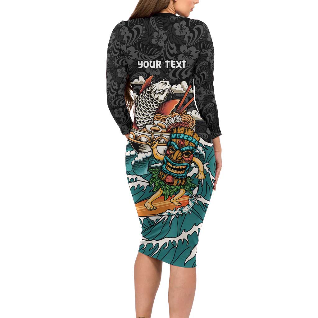 Personalized Japanese Koi Fish Ramen Long Sleeve Bodycon Dress Tiki Surfing Wagara Hibiscus Pattern LT9 - Polynesian Pride
