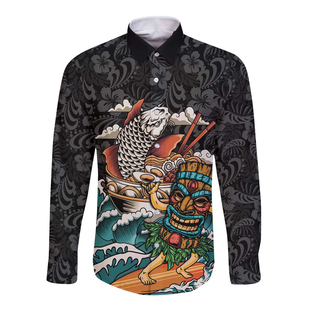 Personalized Japanese Koi Fish Ramen Long Sleeve Button Shirt Tiki Surfing Wagara Hibiscus Pattern LT9 Unisex Black - Polynesian Pride