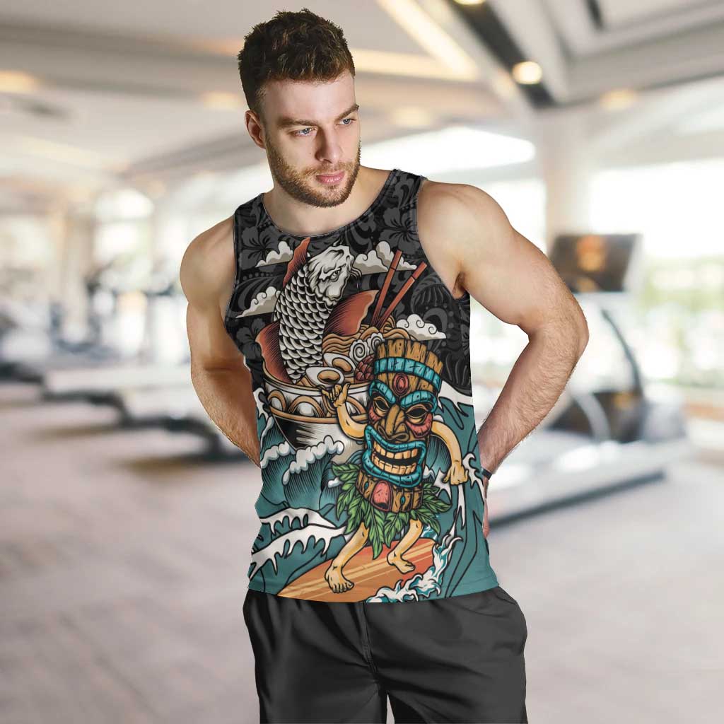 Personalized Japanese Koi Fish Ramen Men Tank Top Tiki Surfing Wagara Hibiscus Pattern LT9 Black - Polynesian Pride