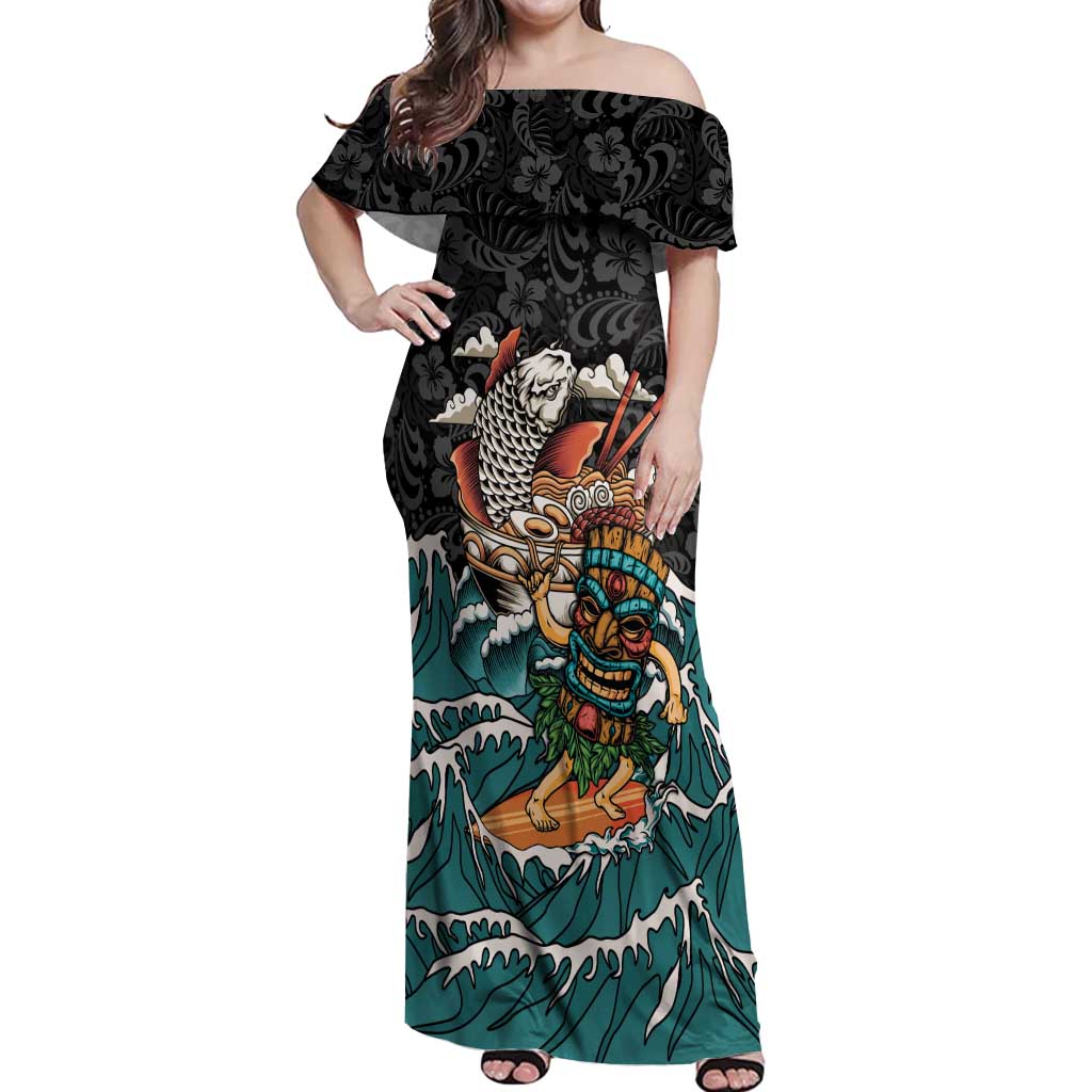 Personalized Japanese Koi Fish Ramen Off Shoulder Maxi Dress Tiki Surfing Wagara Hibiscus Pattern LT9 Women Black - Polynesian Pride