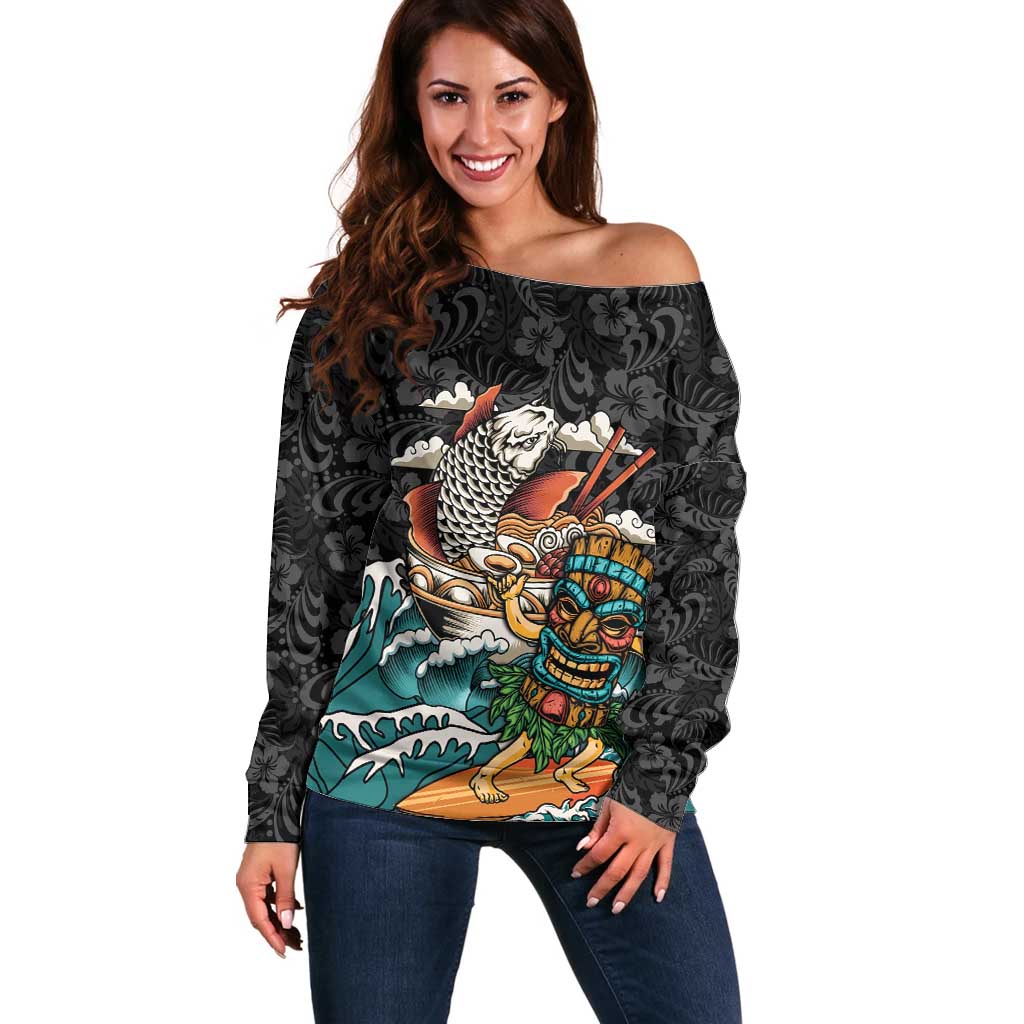 Personalized Japanese Koi Fish Ramen Off Shoulder Sweater Tiki Surfing Wagara Hibiscus Pattern LT9 Women Black - Polynesian Pride