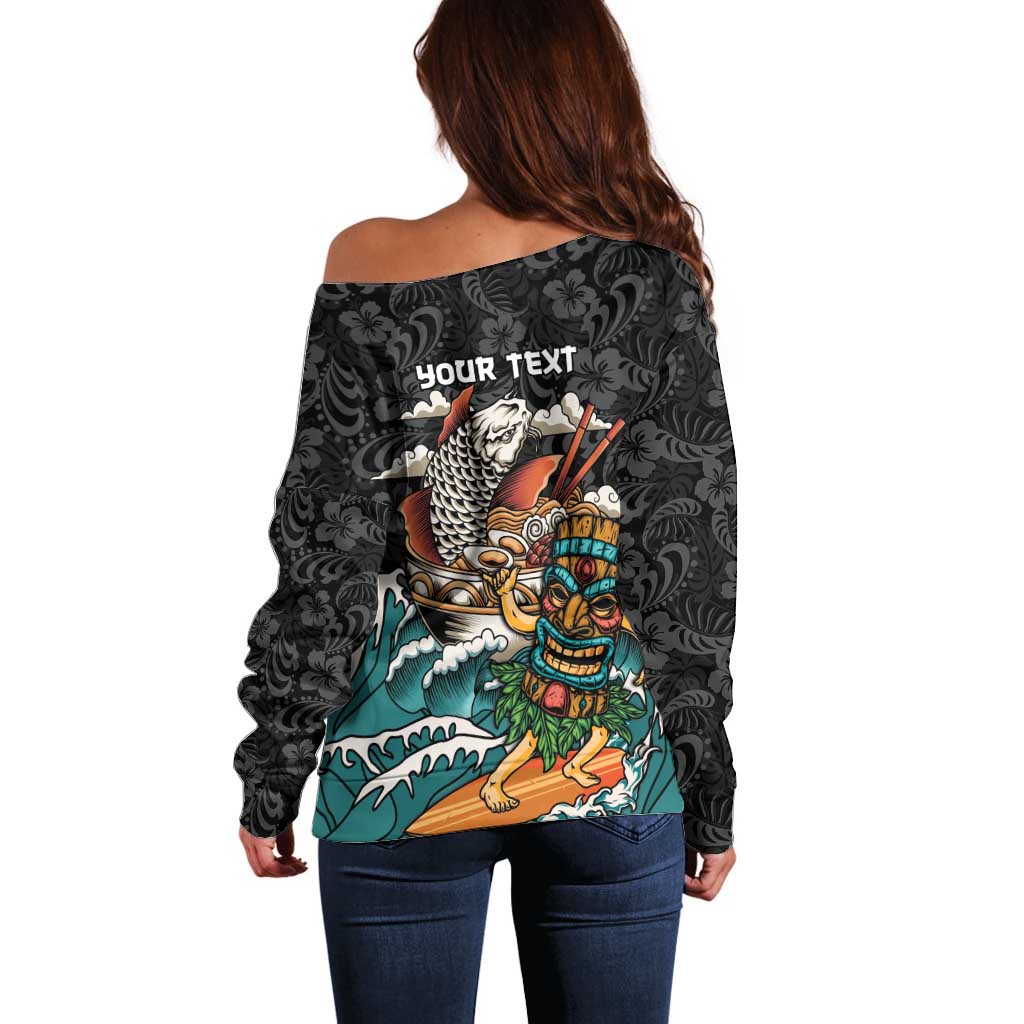 Personalized Japanese Koi Fish Ramen Off Shoulder Sweater Tiki Surfing Wagara Hibiscus Pattern LT9 - Polynesian Pride