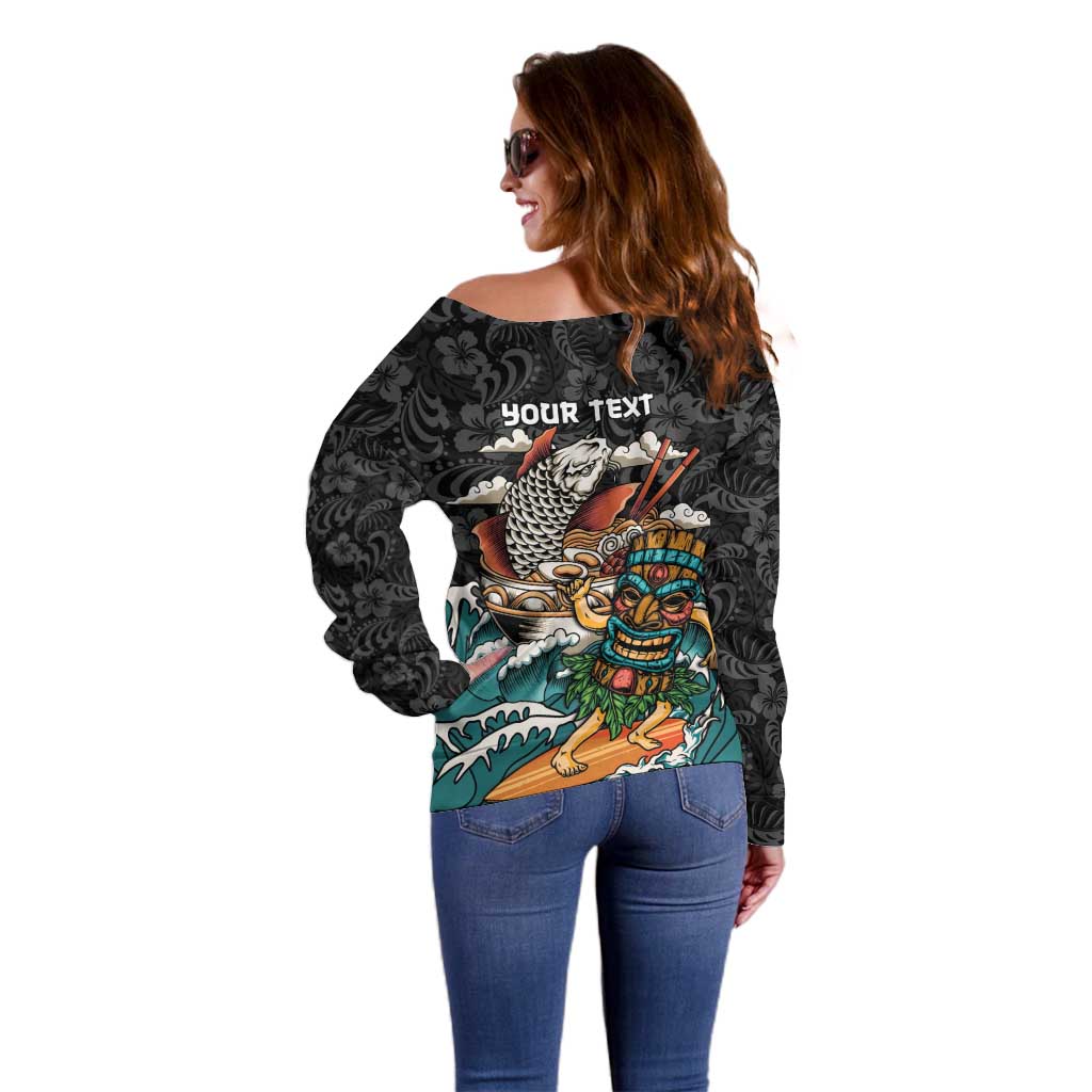 Personalized Japanese Koi Fish Ramen Off Shoulder Sweater Tiki Surfing Wagara Hibiscus Pattern LT9 - Polynesian Pride