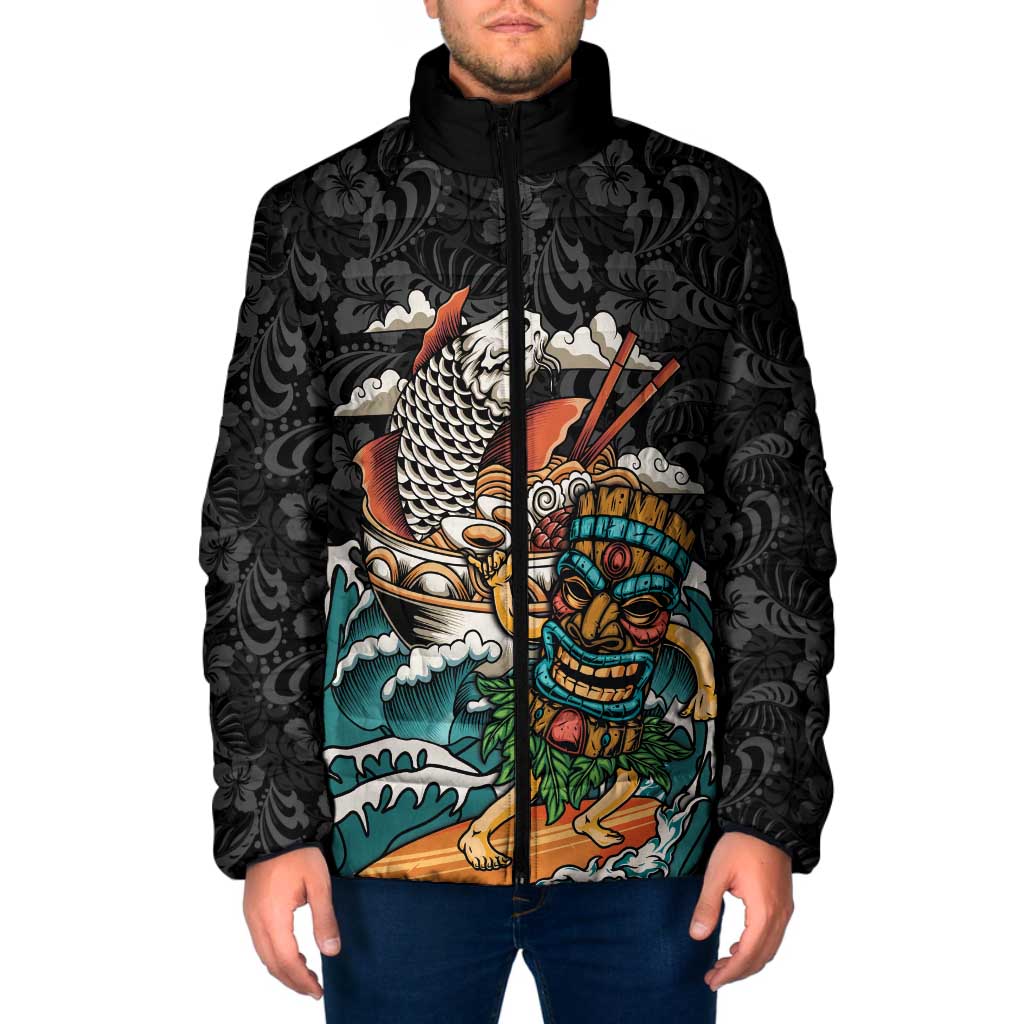 Personalized Japanese Koi Fish Ramen Padded Jacket Tiki Surfing Wagara Hibiscus Pattern LT9 Men Black - Polynesian Pride