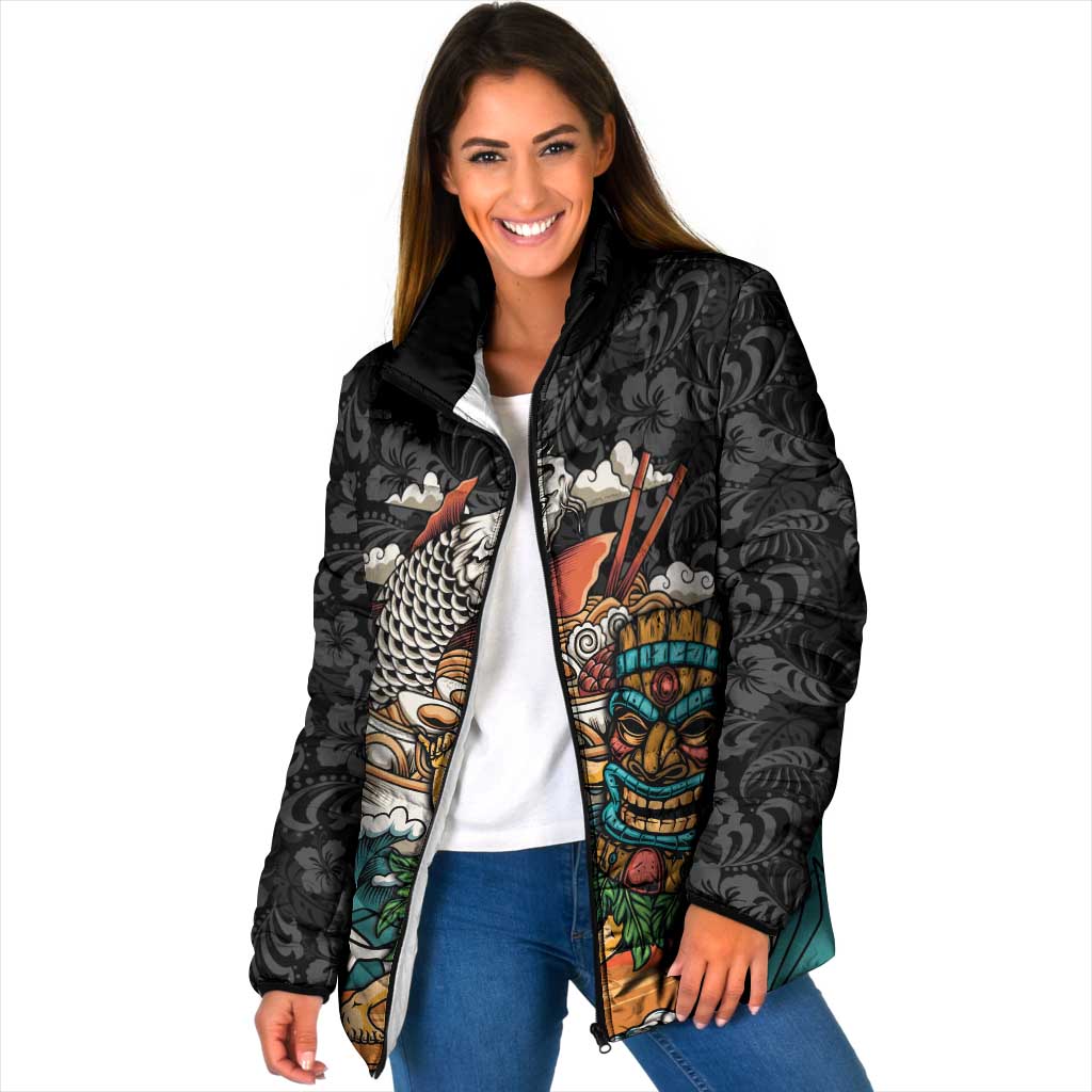 Personalized Japanese Koi Fish Ramen Padded Jacket Tiki Surfing Wagara Hibiscus Pattern LT9 Women Black - Polynesian Pride