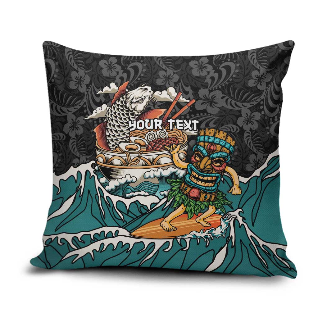 Personalized Japanese Koi Fish Ramen Pillow Cover Tiki Surfing Wagara Hibiscus Pattern LT9 Black - Polynesian Pride