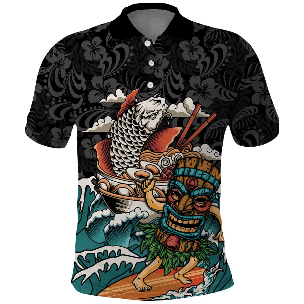 Personalized Japanese Koi Fish Ramen Polo Shirt Tiki Surfing Wagara Hibiscus Pattern LT9 Black - Polynesian Pride